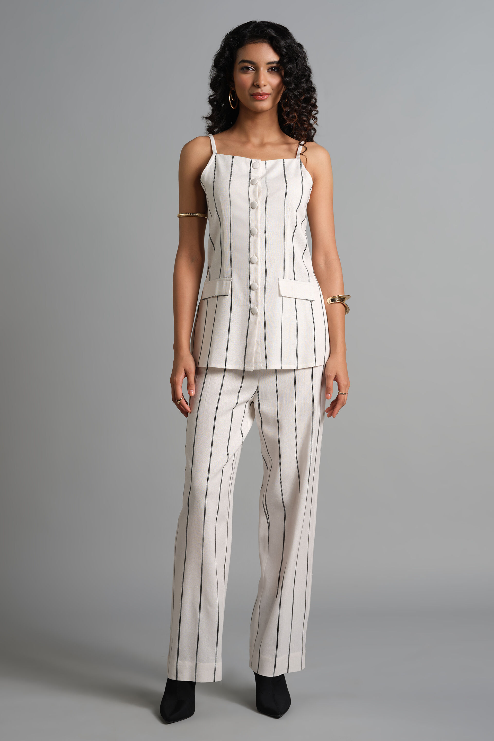 Striped No Fuss Fit Pants, White, image 2